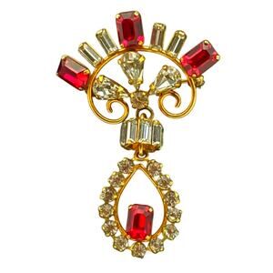 DeCurtis Red & Clear Rhinestone Brooch Pendant 1/20 12k GF 1940s Drop Pin Dangle